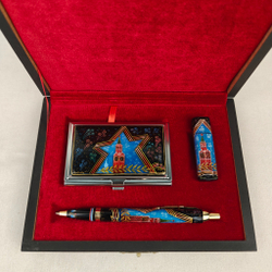 Набор "Кремль. Звезда" визитница, флешка и ручка Parker с ручной росписью Палех в футляре