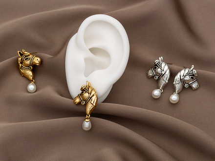 Серьги "Horse" 35мм, с жемчугом и стразами