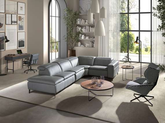 5-местный диван с реклайнером 6218 с левым шезлонгом из серой кожи