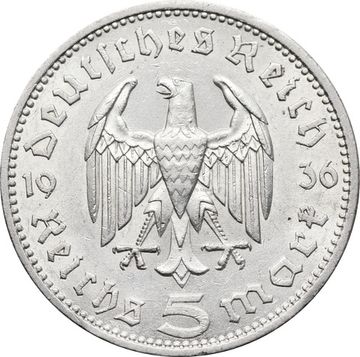 5 рейхсмарок 1936 Германия (Третий Рейх) "A", Орел без свастики (Гинденбург)