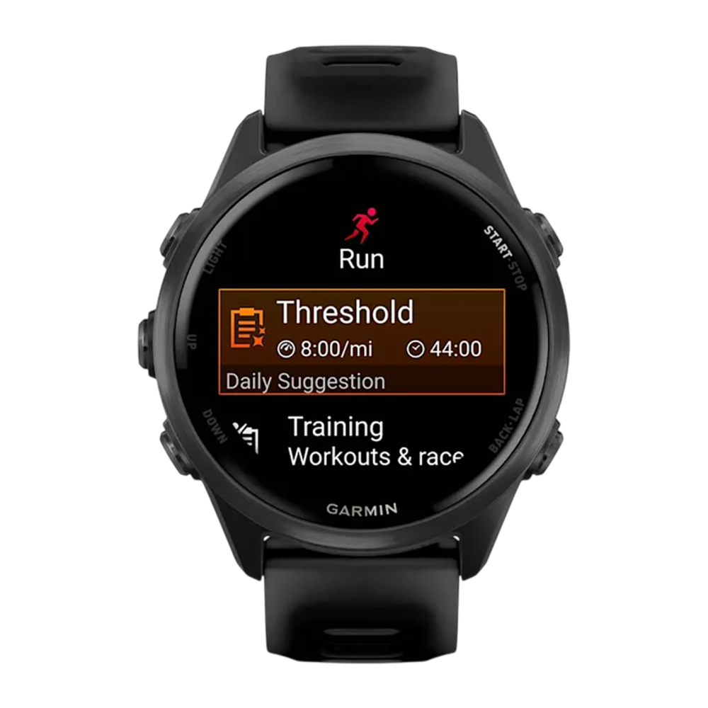 Спортивные часы Garmin Forerunner 570, 42 мм, силиконовый ремешок цвета «полупрозрачный чёрный»/чёрный Сланцево-серый алюминиевый безель, AMOLED-дисплей с Gorilla Glass 3. Ремешок с классической застёжкой — на запястье обхватом 115–178 мм