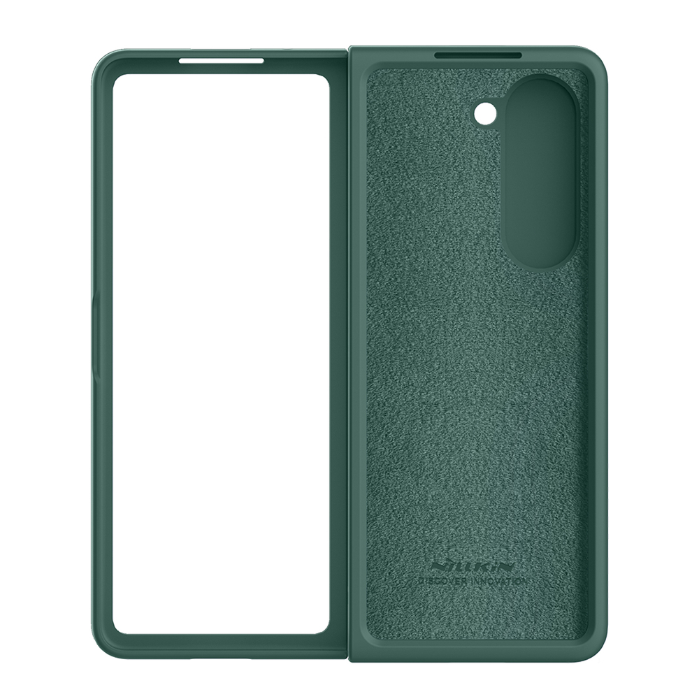 Чехол зеленого цвета покрытый жидким силиконом от Nillkin для Samsung Galaxy Z Fold 5, серия CamShield Silky Silicone Case (Stand Version) (версия с подставкой)