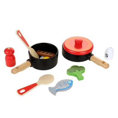 Кухонный набор деревянный (сковородки + еда), коробка C-41652