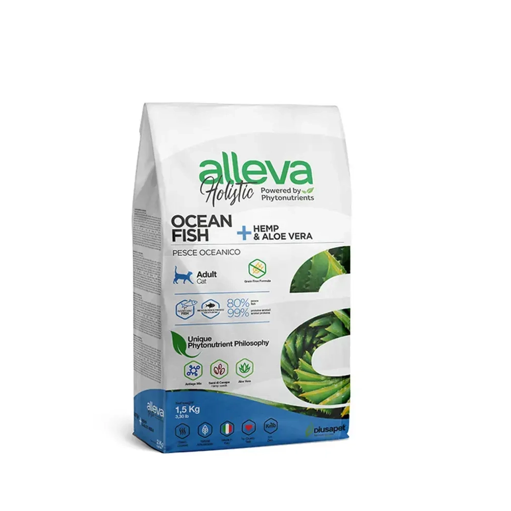 Alleva holistic cat adult ocean fish сухой корм для взрослых кошек с океанической рыбой, коноплей и алое вера - 1,5 кг