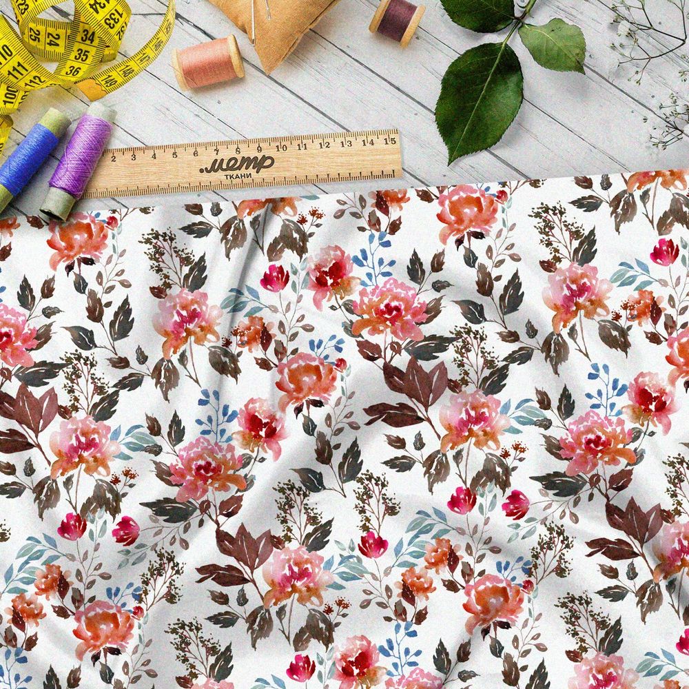 Ткань кулирная гладь акварельные розы и коричневые листья