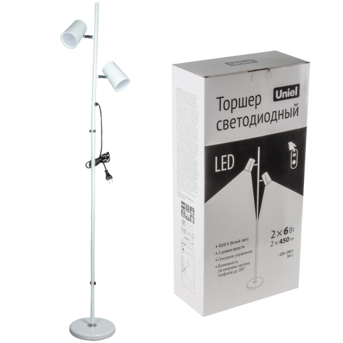 ULM-T600 2х6W/4500K/DIM WHITE Торшер напольный светодиодный, 2х6W. Сенсорный выключатель. Диммер. Белый. ТМ Uniel