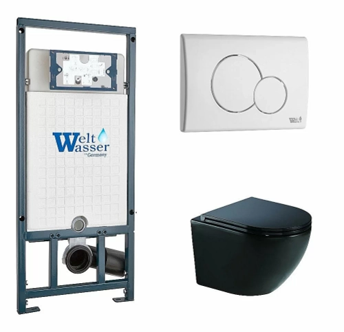 Унитаз подвесной WeltWasser MARBERG 507+MERZBACH 041 XL MT-BL+MAR 507 RD GL-WT черный матовый, безободковый, с крышкой микролифт, слив-торнадо, с инсталляцией и белой глянцевой кнопкой