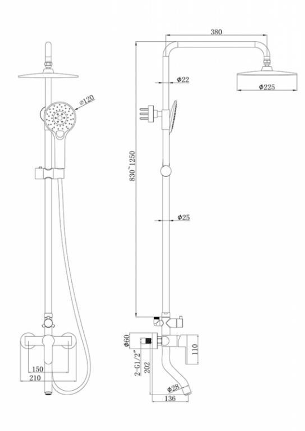Душевая колонна со смесителем для ванны