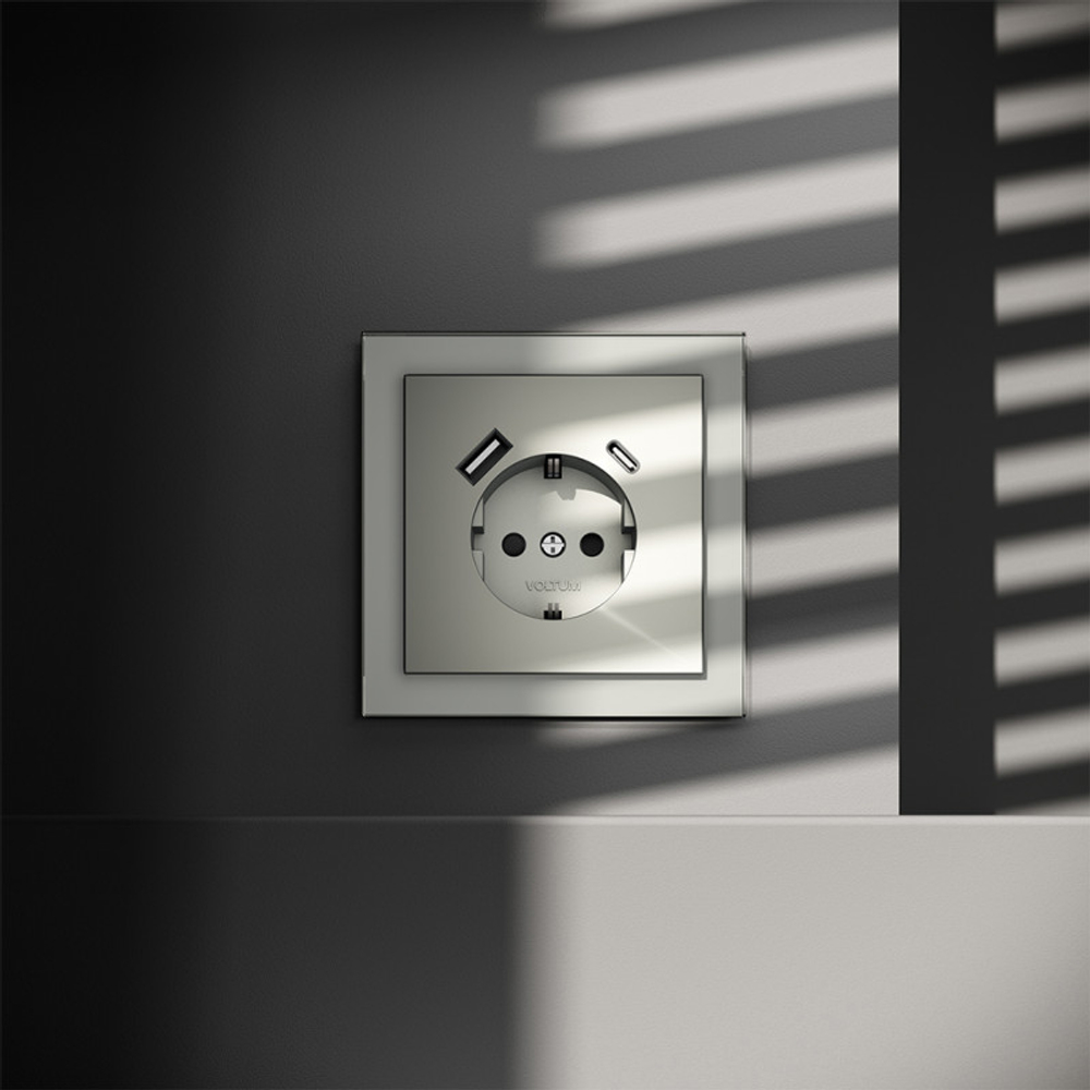 Розетка встраиваемая VOLTUM S70 с заземлением и защитными шторками, 16А, с USB, A+С, (сталь)