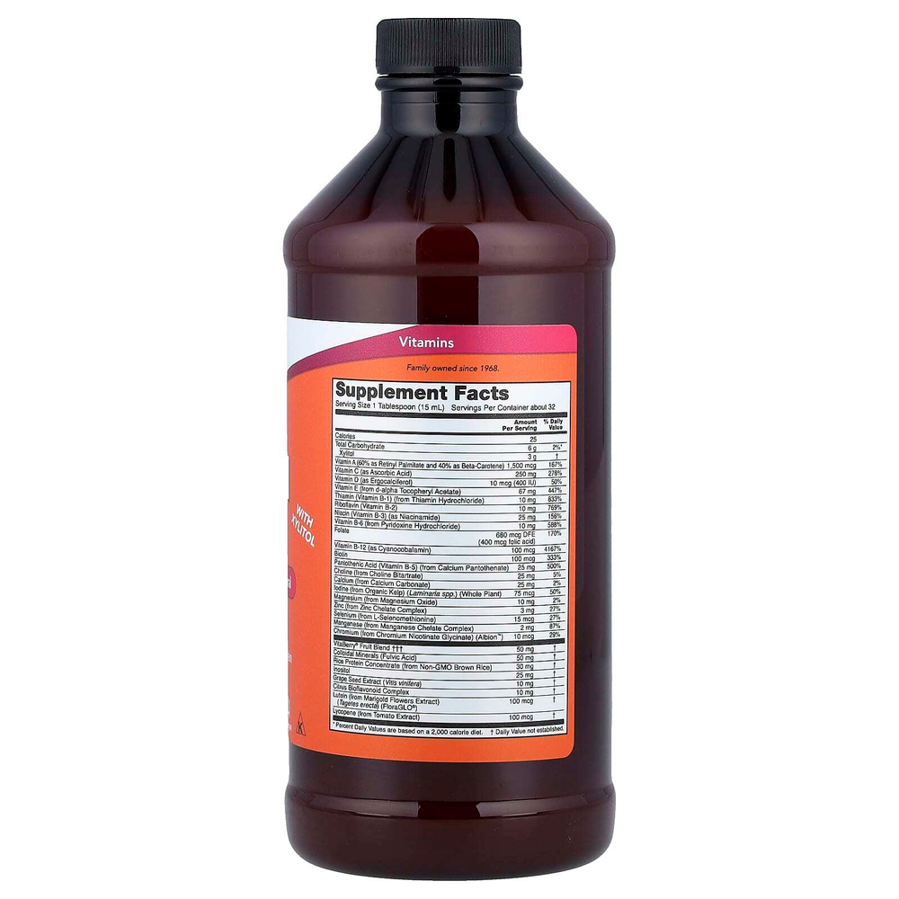NOW Foods, жидкая мультивитаминная добавка с ксилитолом, без железа, тропический апельсин, 473 мл (16 жидк. унций)
