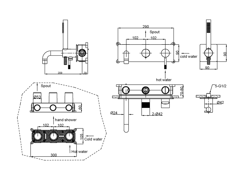 Смеситель встроенный + ручной душ + излив Uno Matt White