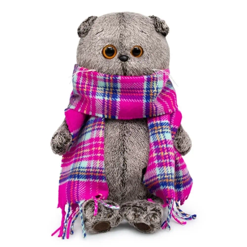 Мягкая игрушка кот Басик в ярко-розовом шарфе 22см