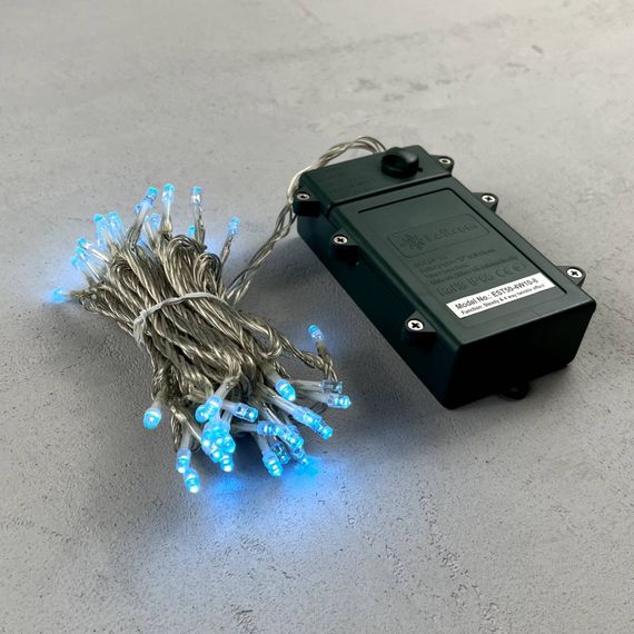 Светодиодная гирлянда 5 м., 3 батарейки типа D 4.5V, 50 LED ламп небесно голубого цвета, таймер, прозрачный провод, LTC (EST50-4W10-8SB)