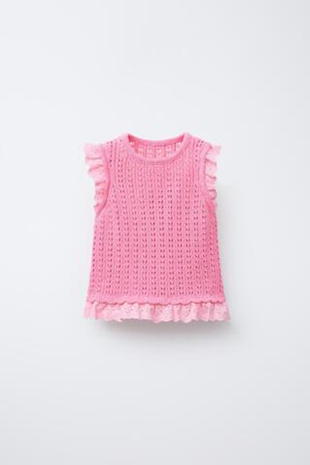 ZARA ТРИКОТАЖНЫЙ ТОП С КРУЖЕВОМ, РОЗОВЫЙ