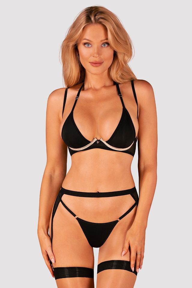 Черный комплект Selinne из бюстгальтера, стринг и пояса для чулок.