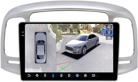 Магнитола для Hyundai Verna 2006-2010 (рамка серебро) - FarCar BX3009M-360 монитор 9.5" 2K QLED на Android 13, 6Гб+128Гб, CarPlay, 4G SIM-слот, 4 камеры в комплекте