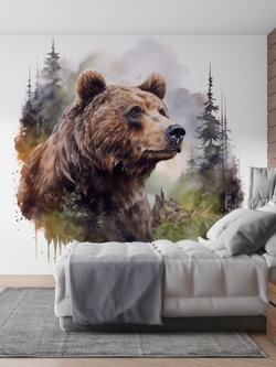 3D Фотообои лес в тумане и медведь