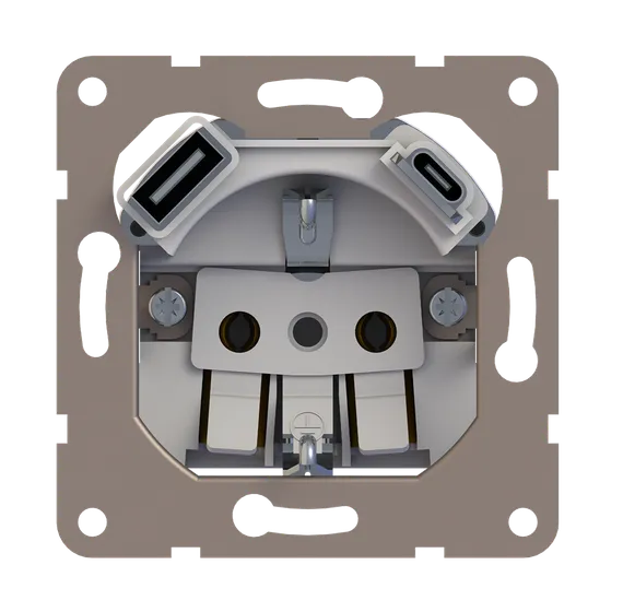 Donel R98 механизм розетки Schuko 16А 250 В~ с зарядным устройством USB A+C, 5V/4A, мощность 20W, серия DA