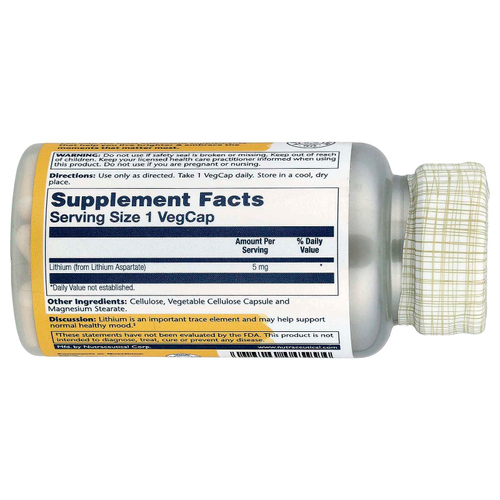 Solaray, аспартат лития, 5 мг, 100 растительных капсул