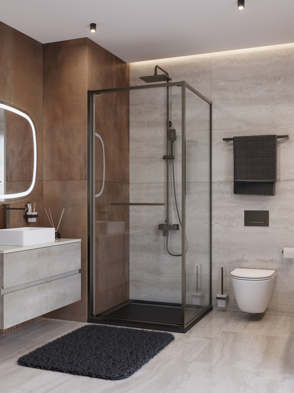 Душевой уголок Cezares LUX-A-FS-1-80-C-GM, 80х80х195, профиль оружейная сталь, стекло прозрачное