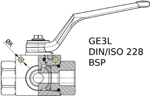 Кран 3-х ходовой шаровый BSP 3/4" DN20 P=420 L-обр. с отверстиями для монтажа