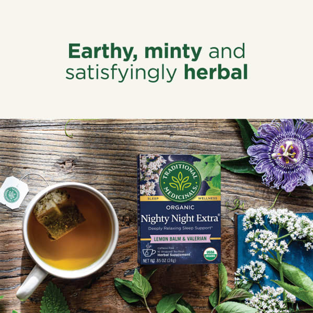 Traditional Medicinals, Organic Nighty Night Extra®, мелисса лекарственная и валериана, без кофеина, 16 чайных пакетиков, 24 г (0,85 унции)