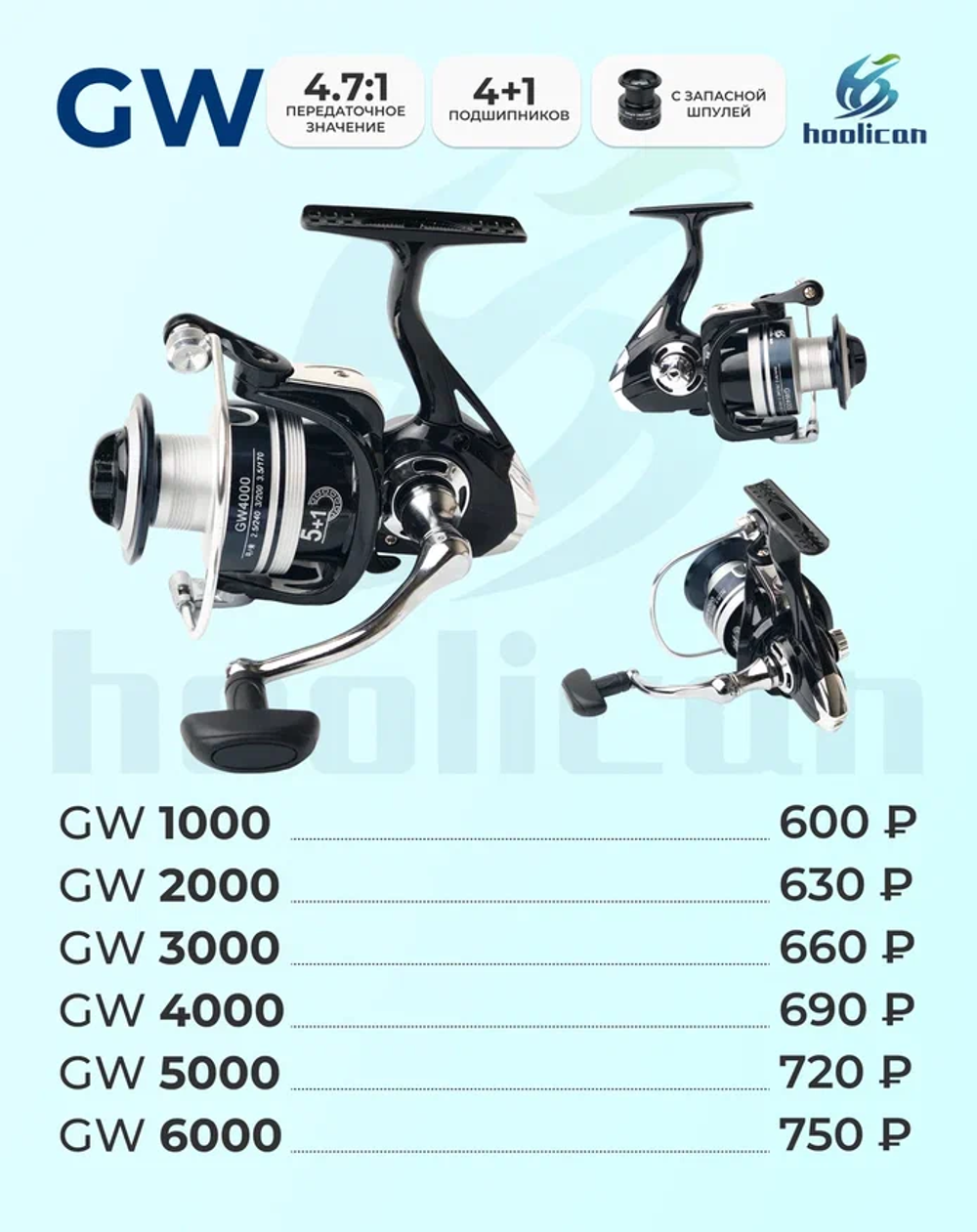 КАТУШКА ( 4.7:1 ПЕРЕДАТОЧНОЕ ЗНАЧЕНИЕ) (4+1 ПОДШИПНИКОВ ) + ЗАПАСНОЙ ШПУЛЯ GW 1000