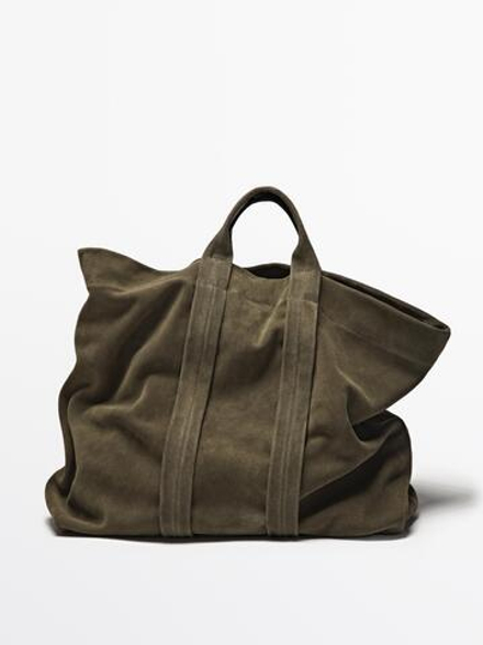Massimo Dutti Сумка-шоппер из замши, хаки