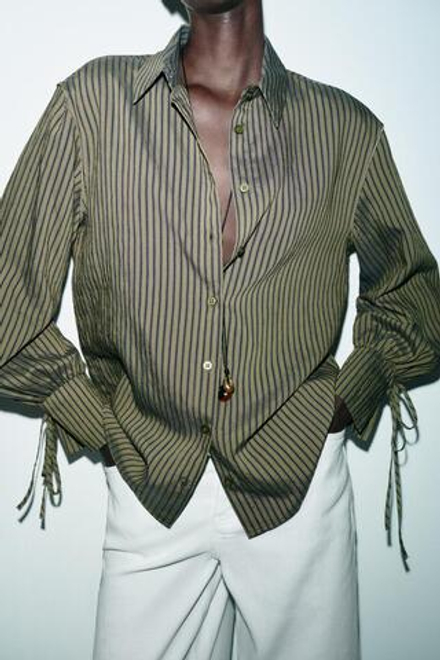 ZARA РУБАШКА В ПОЛОСКУ С ЗАВЯЗКАМИ, ТЕМНЫЙ ХАКИ