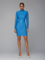 Женское платье мини голубое с кристаллами и воротником-стойкой