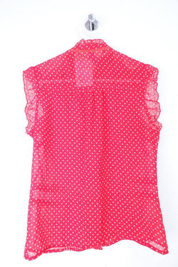 Блузка классная, хоть немного наивного вида, за счет гороха и оборок, маркировка 8, визуально 42 размер