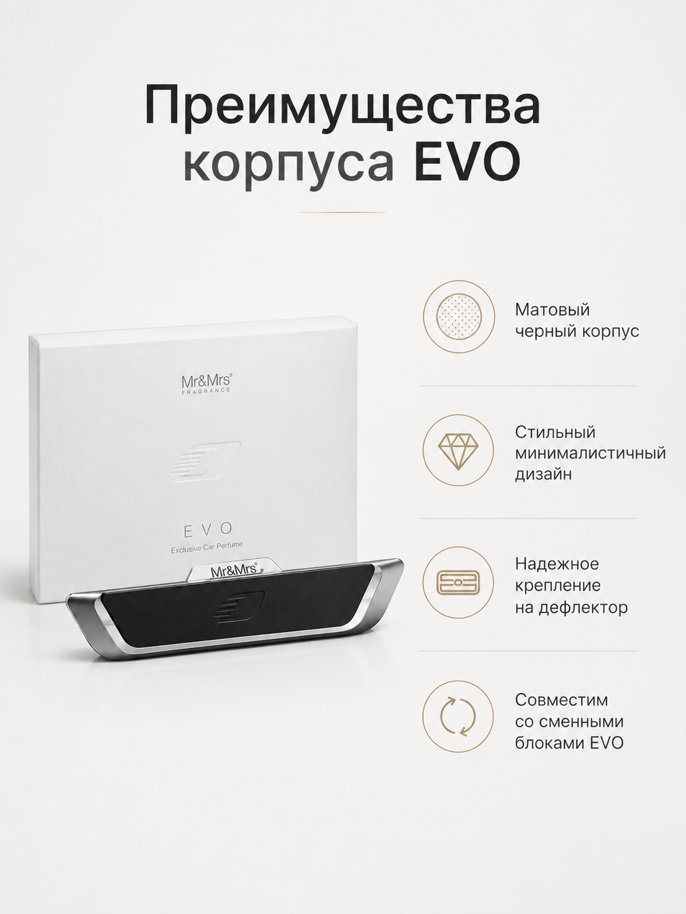 Mr&Mrs Fragrance Корпус ароматизатора для автомобиля EVO | МАТОВЫЙ ЧЕРНЫЙ в подарочной коробке