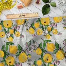 Ткань габардин лимоны на сером