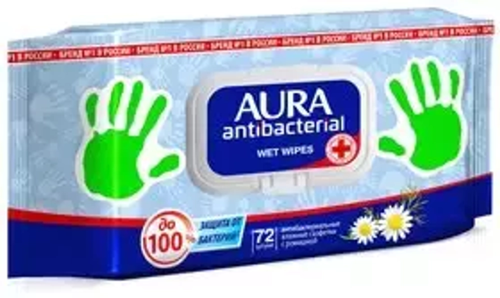 "AURA" Салфетки влажные Антибактериальные (ромашка) 72шт