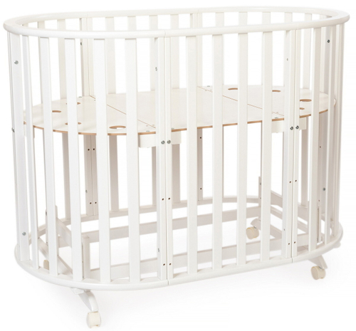 Кроватка-трансформер овальная Vikalex Лоди маятник на колёсах белый