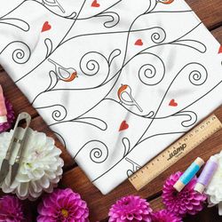 Ткань лён снегири и завитки на белом фоне