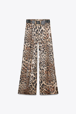 ZARA АТЛАСНЫЕ ШИРОКИЕ БРЮКИ С РЕМНЕМ, ЛЕОПАРДОВЫЙ
