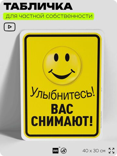 Табличка для частной территории "Улыбнитесь, вас снимают", на дом, для участка, организаций и частных территорий, предупреждающая, 40х30 см, Silver Plane x Айдентика Технолоджи
