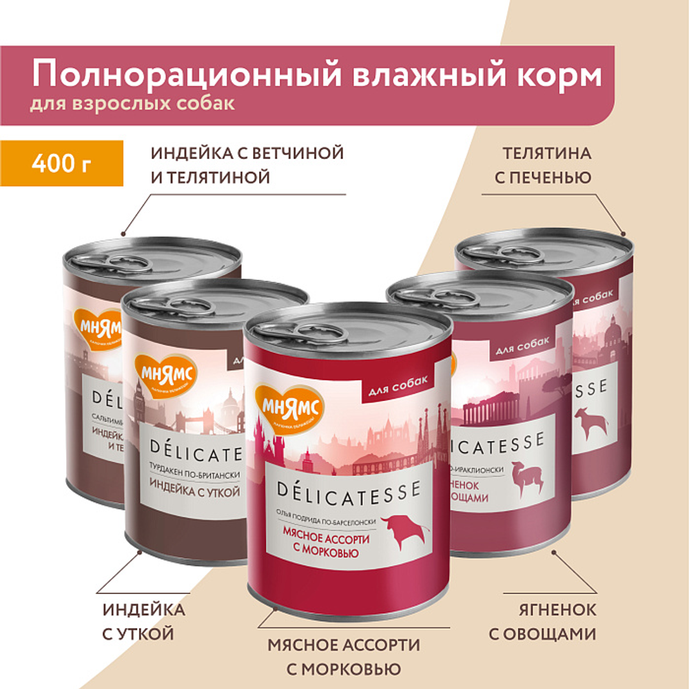 Влажный корм Мнямс Деликатес Паштет из индейки с уткой для собак всех пород "Турдакен по-британски" 400 г