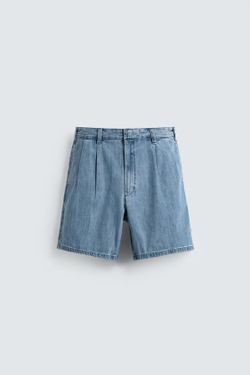 ZARA ШОРТЫ RELAXED FIT СО СКЛАДКАМИ, ГОЛУБОЙ
