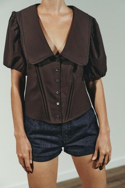 ZARA ТОП С БОЛЬШИМ ОТЛОЖНЫМ ВОРОТНИКОМ И ОБЪЕМНЫМИ РУКАВАМИ, КОРИЧНЕВЫЙ