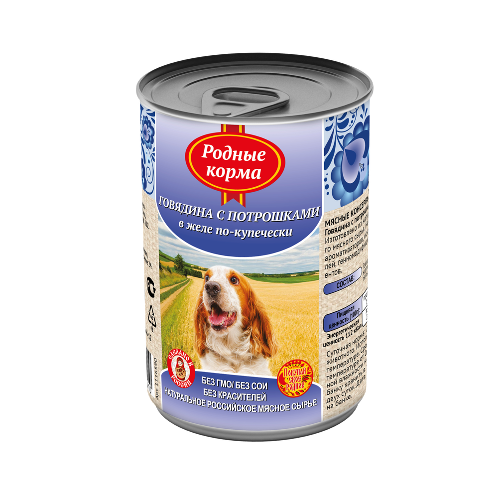 Консервы РОДНЫЕ КОРМА для собак говядина с потрошками в желе по-купечески 6х410 г