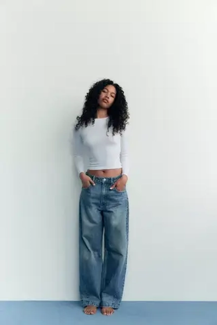 ZARA ДЖИНСЫ TRF BAGGY BALLOON СО СРЕДНЕЙ ПОСАДКОЙ, СИНИЙ