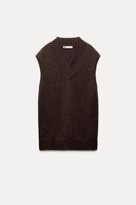 ZARA ТРИКОТАЖНЫЙ ЖИЛЕТ С V-ОБРАЗНЫМ ВЫРЕЗОМ, ТЕМНО-КОРИЧНЕВЫЙ