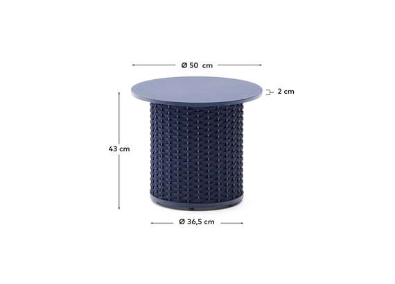 Уличный приставной столик Sedalis из алюминия и веревочного шнура синего цвета Ø50 см
