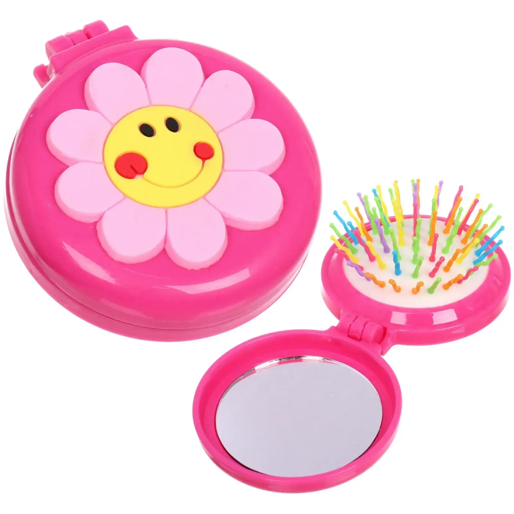 Расческа массажная детская складная «Barbariska», с зеркалом, цветочек - улыбашка, разноцветные зубчики, цвет ярко - розовый, d-7см