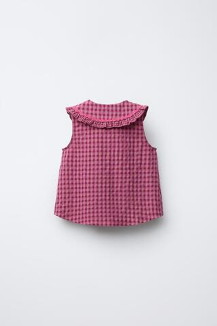 ZARA БЛУЗКА В КЛЕТКУ ВИШИ С ВОЛАНАМИ, ЦВЕТ ФУКСИИ