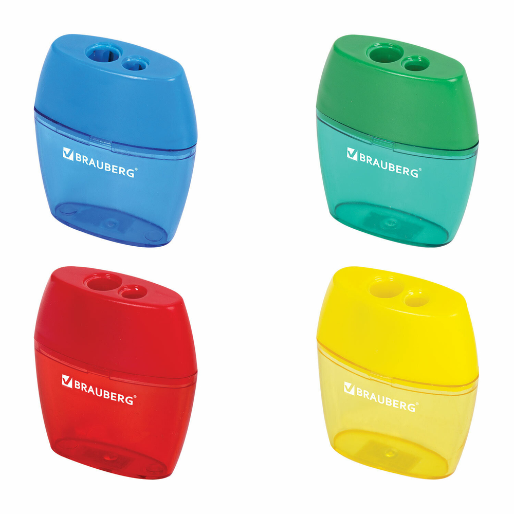 Точилка BRAUBERG "Diamond Dual" 2 отверстия для чернографитных карандашей (в том числе утолщенных) с контейнером ассорти (12 штук в упаковке)