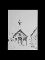 Картина, графика в паспарту 21х30 см на стену для интерьера "Часовня Сен-Жан-Батист-де-ла-Бомет-де-Пеон"