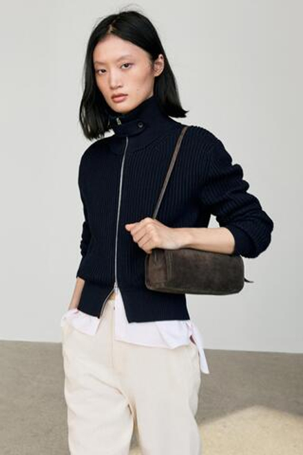 Massimo Dutti Хлопковый кардиган с воротником-стойкой, темно-синий